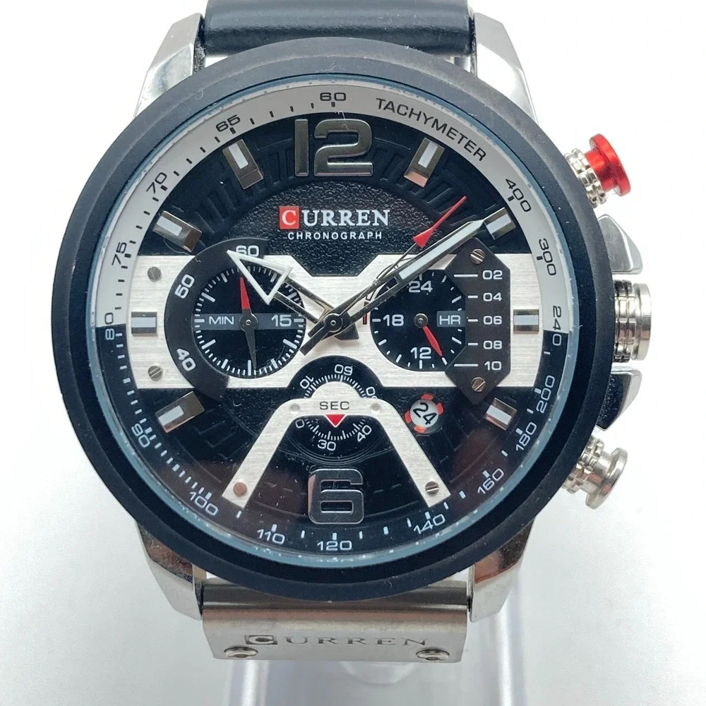 Curren Men's Chronograph Watch 48mm Silver Tone Black Date WR New Battery 10